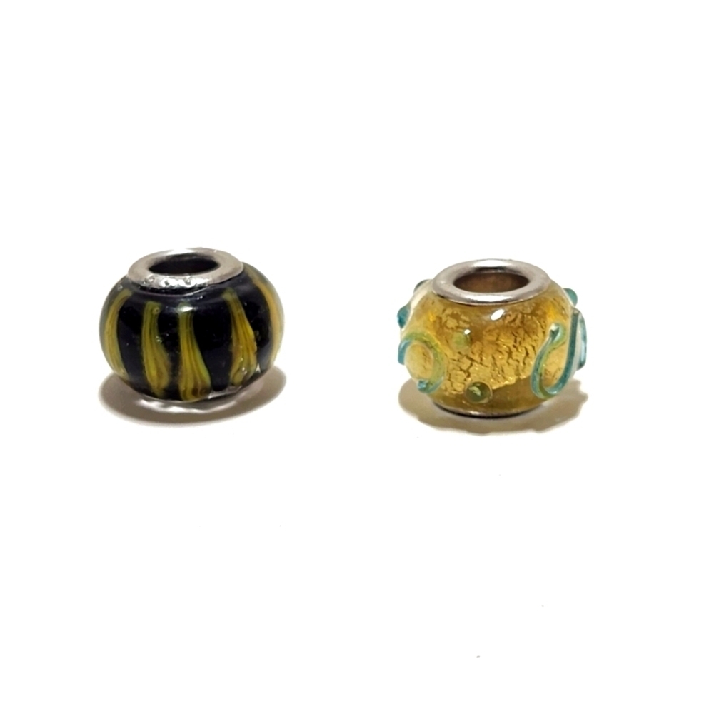 Pandora Style Spacer Bead Murano Wedding Cake Glass 925 Black Yellow Green Set 2